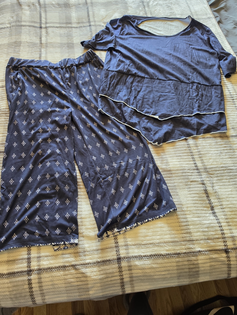 Women's Navy Blue Lounge Set - Short Sleeve Top & Wide Leg Pants